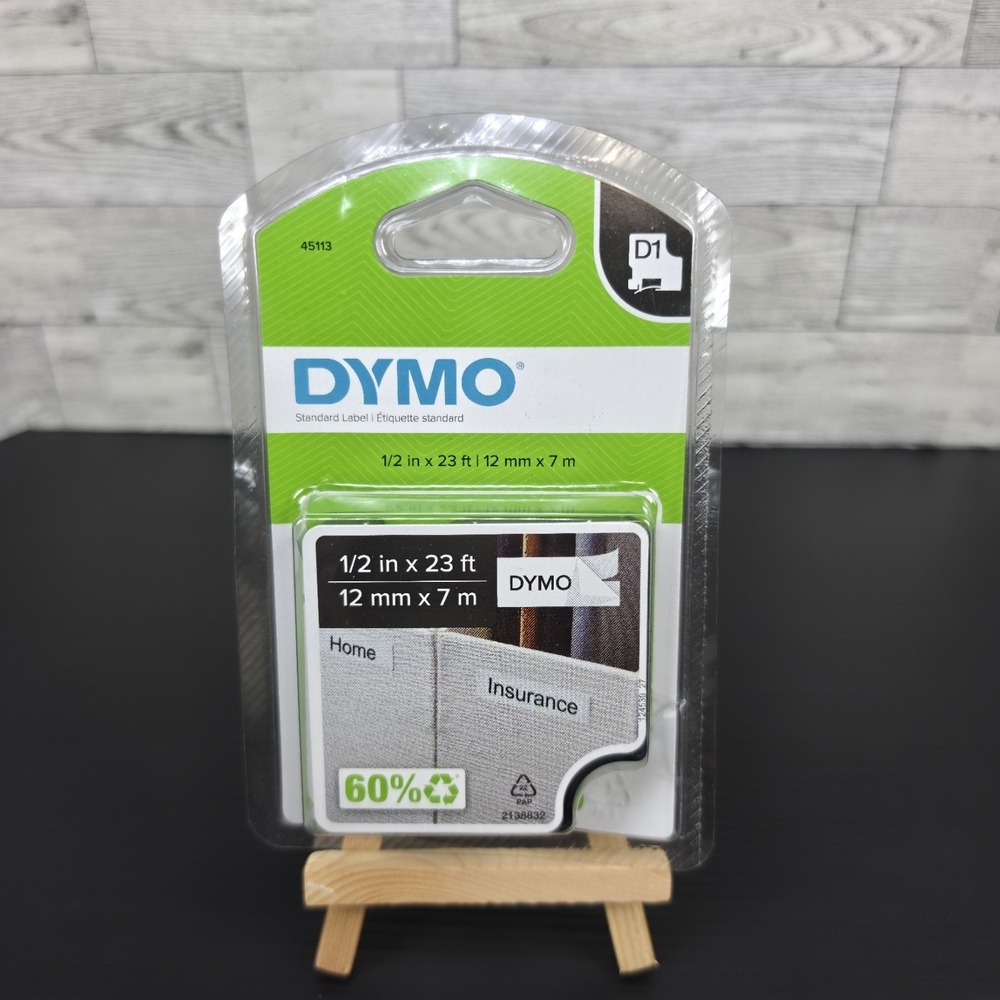 New Dymo D1 Label Cartridge 1/2" x 23" #45113, Black Print on White Label